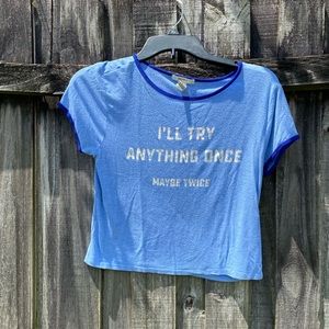 blue crop top w/ words